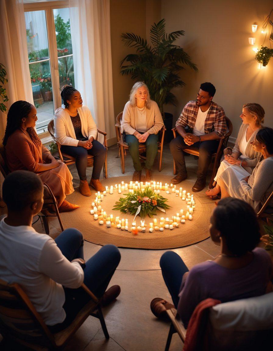 A warm and inviting scene showing a diverse group of people sitting in a circle, sharing their stories in a supportive atmosphere. Incorporate symbols of hope, like ribbons and candles, with soft lighting to create an uplifting feeling. Showcase comforting elements like cozy chairs and plants to enhance the sense of community. Include expressions of empathy and connection among the participants. super-realistic. vibrant colors. soft focus.