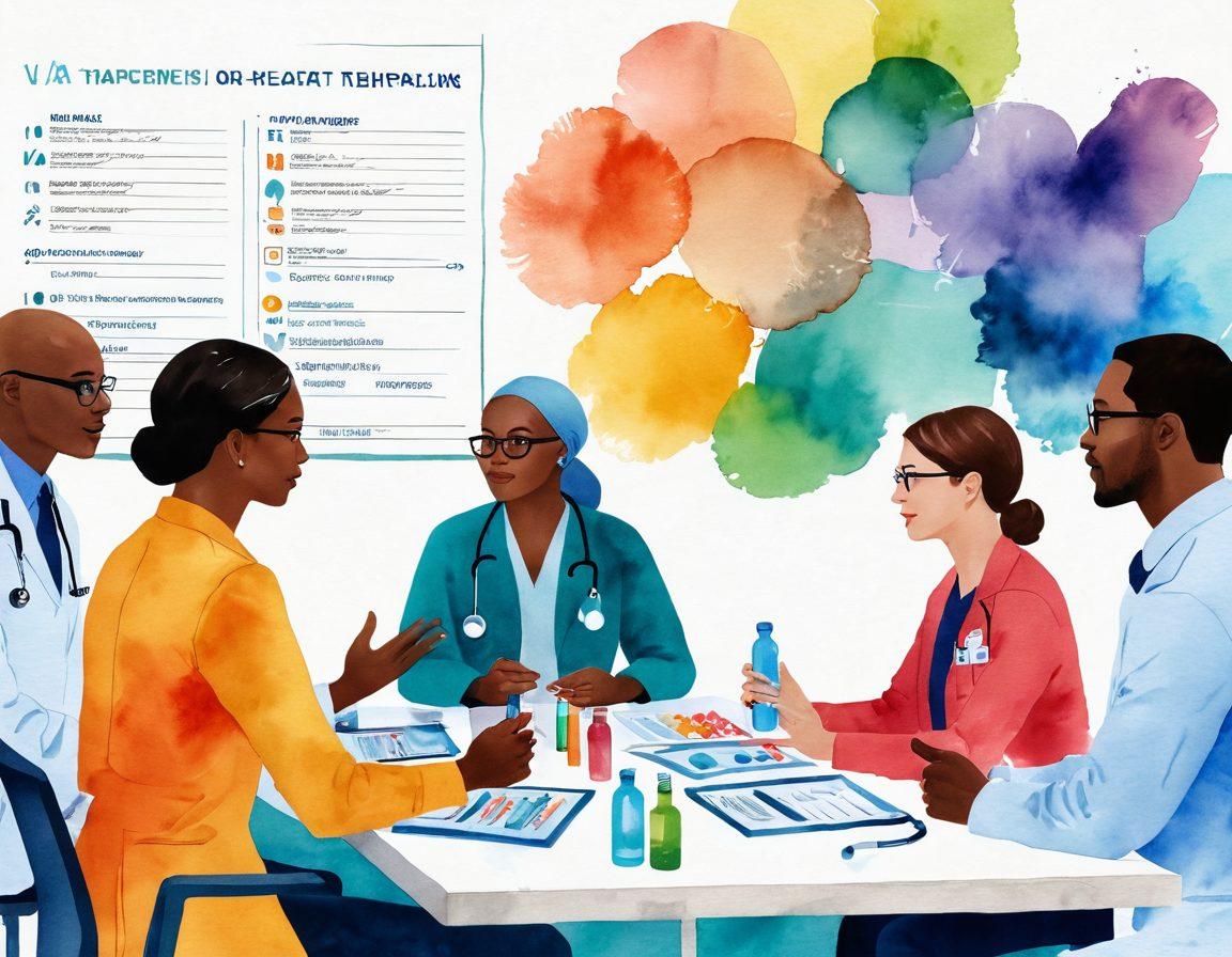 A captivating illustration showcasing a diverse group of healthcare professionals discussing treatment options with patients. Include elements representing chemotherapy, immunotherapy, and emerging treatments, such as colorful vials, charts, and a bright futuristic lab. The background should feature a serene hospital setting with soft, healing colors to evoke a sense of hope. watercolor style. vibrant colors. light background.