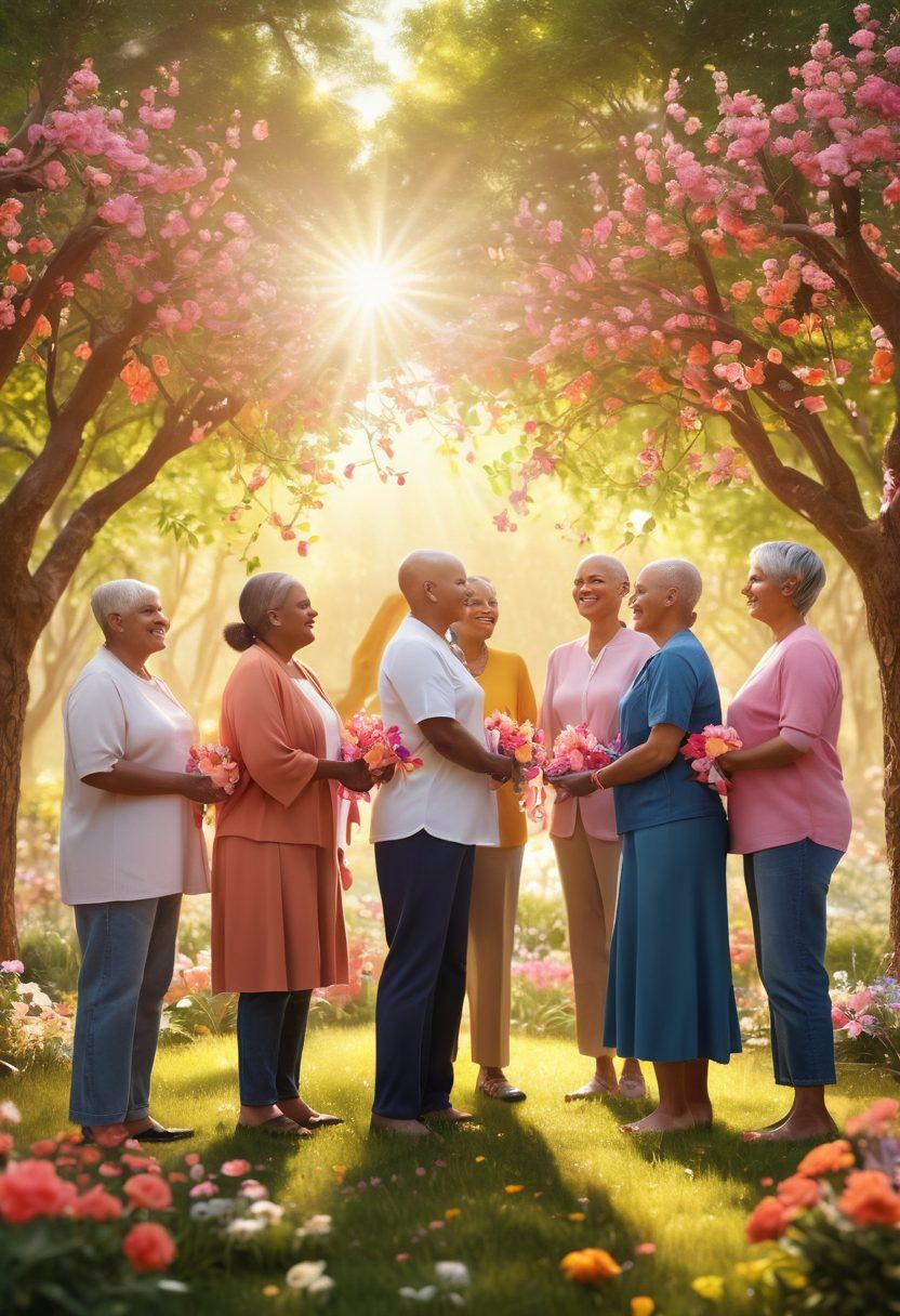 An uplifting scene showing a diverse group of cancer survivors in a supportive circle, sharing stories and experiences, with a backdrop of bright sunlight filtering through trees. Include symbols of hope such as ribbons and blooming flowers, representing resilience and strength. Incorporate soft, warm colors to evoke comfort and positivity. super-realistic. vibrant colors. 3D.